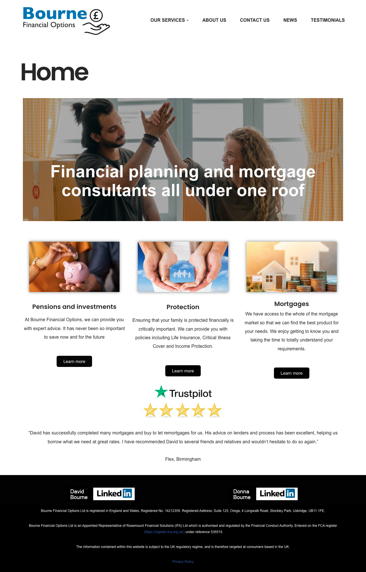 Current Bourne Financial Options homepage on a laptop