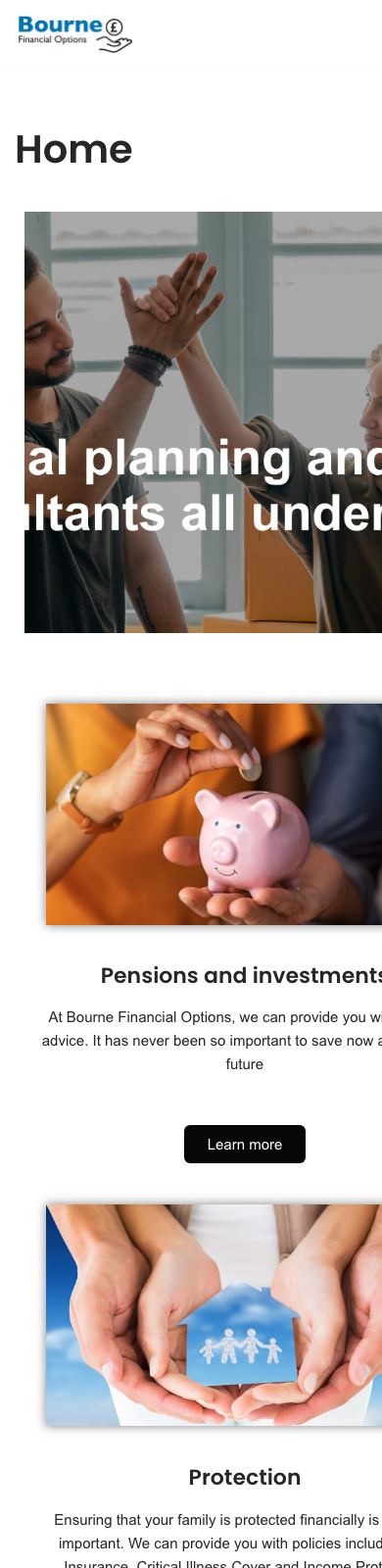Current Bourne Financial Options homepage on a phone