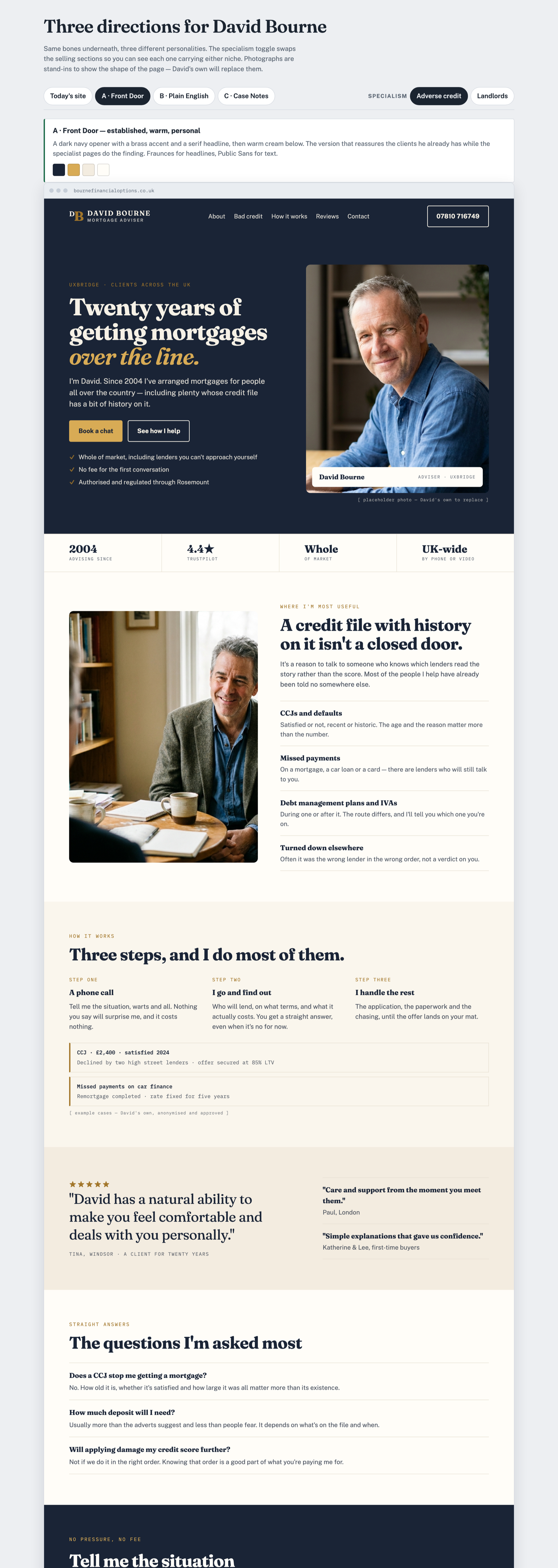 Website direction A, navy and brass