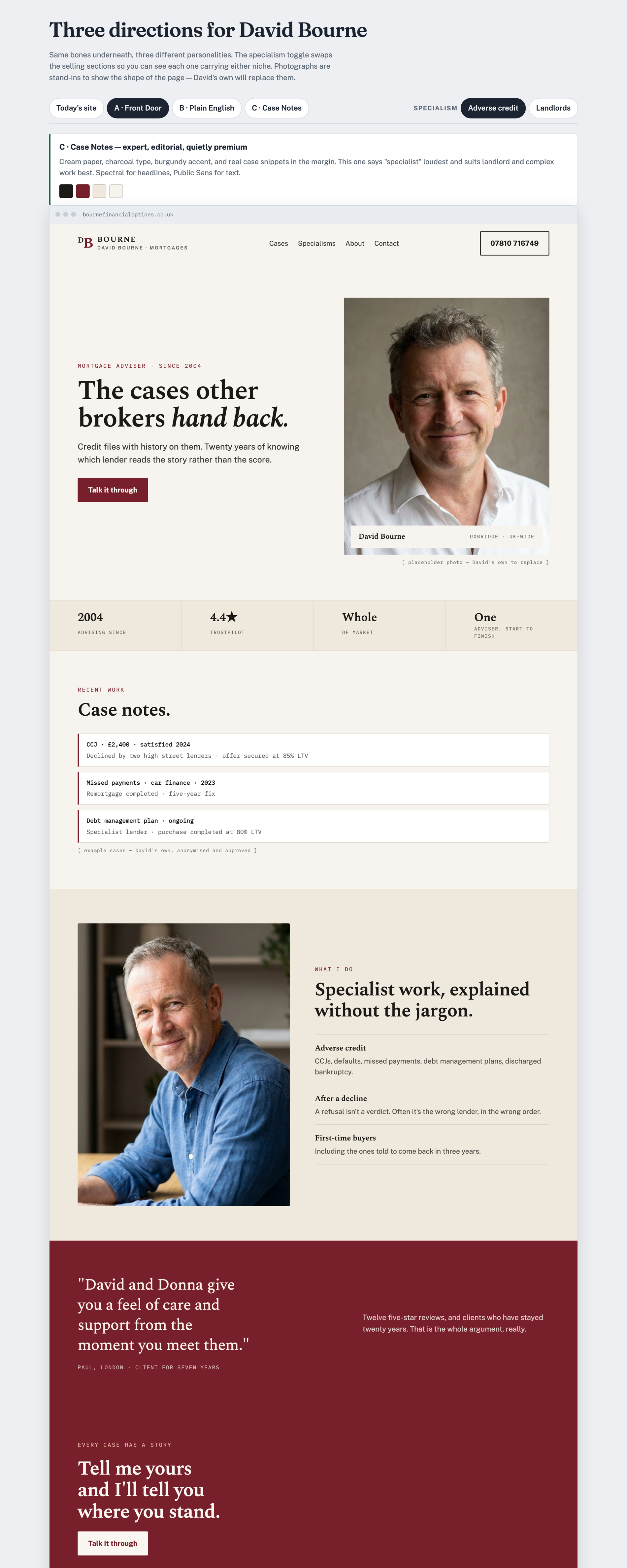 Website direction C, cream and burgundy