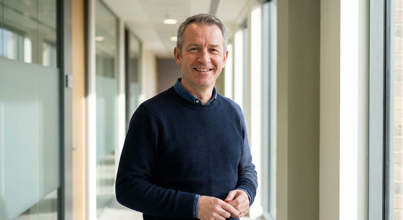 Example: relaxed standing portrait in an office corridor
