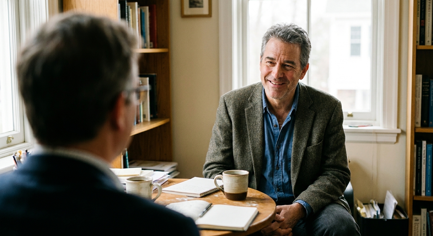Placeholder photo of an adviser talking with a client over coffee